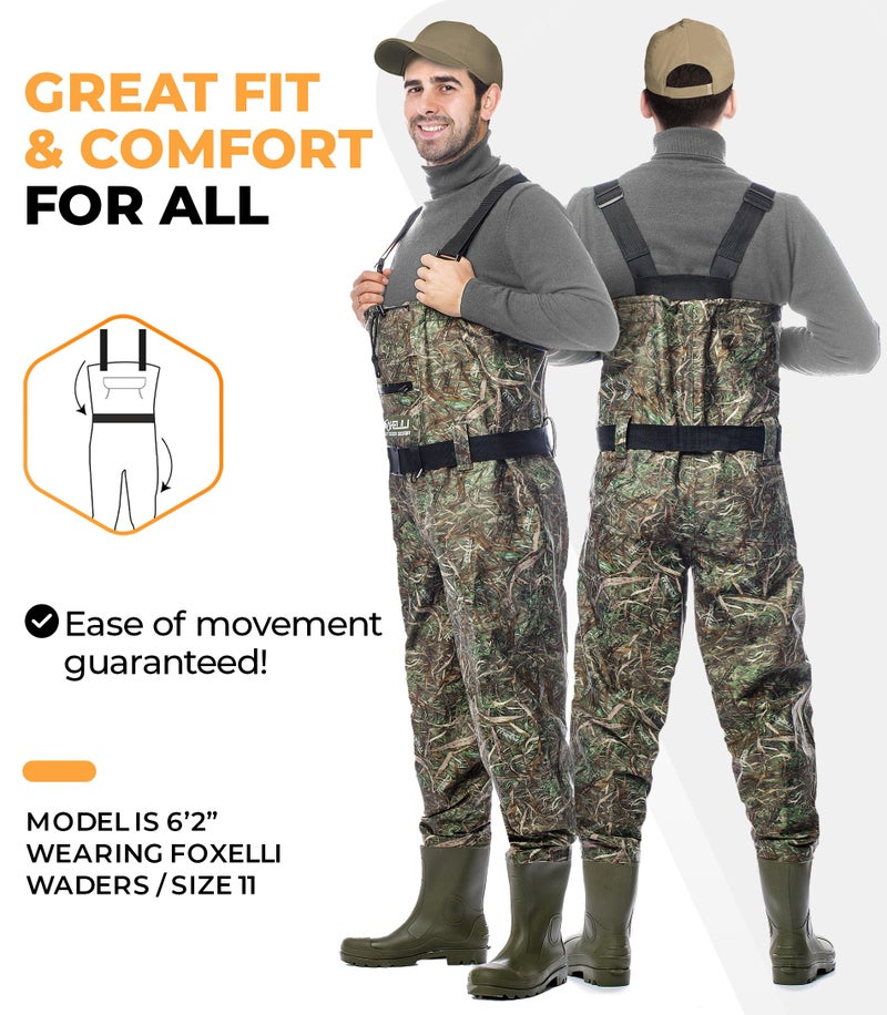 Foxelli Chest Waders â€“ Waterproof 2-ply Nylon/PVC Camo Hunting Fishing Waders for Men and Women with Boots - Image 2